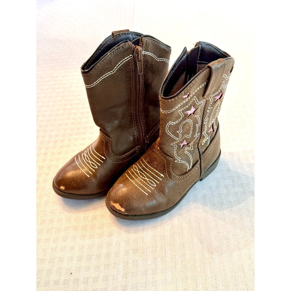 Wonder Nation Toddler Girl Brown Western Cowgirl Boots Pink Stars Size 7